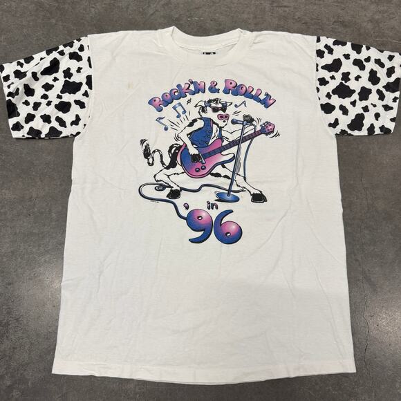 Vintage Other - Vintage 1996 Rock n Roll in 96 Cow Print Single Stitch Vintage Graphic Tee L